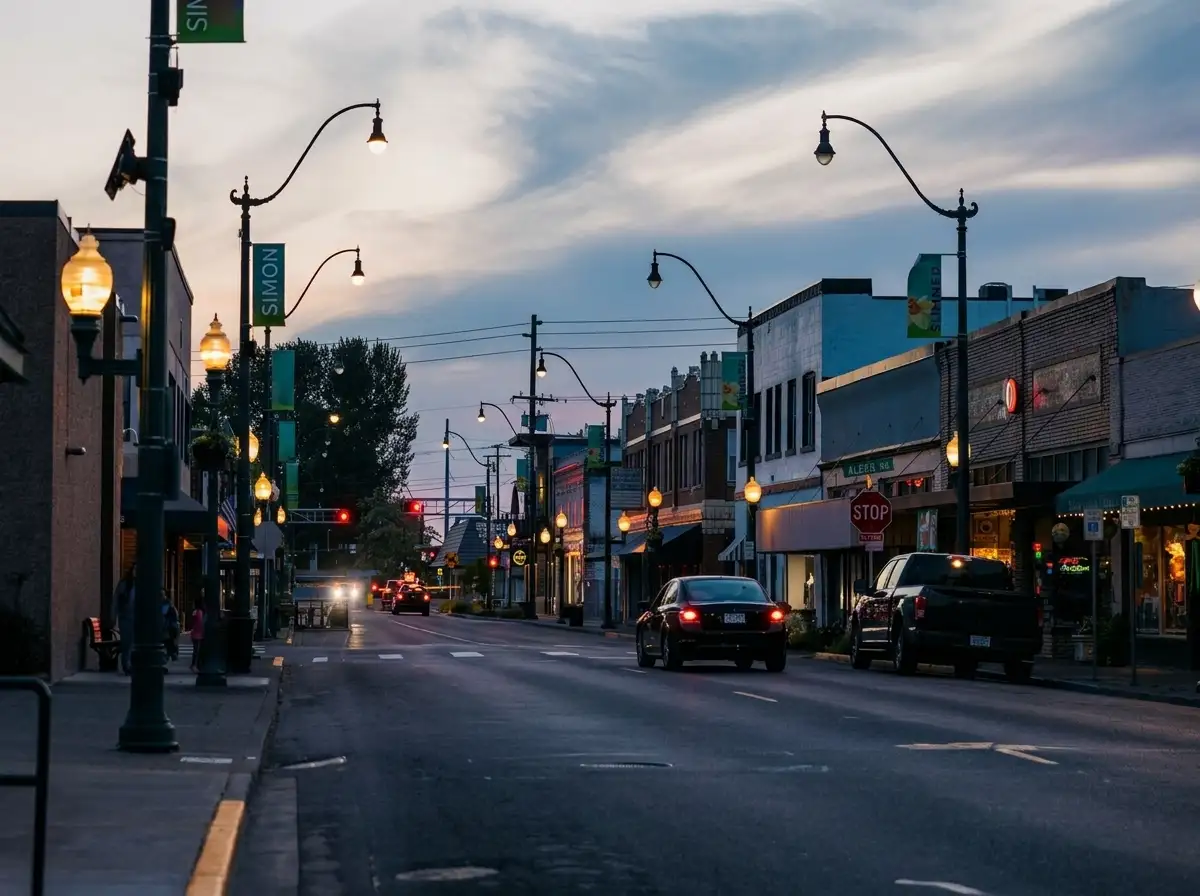 A dusk-lit small-town street evoking the grounded mystery setting of Lanterns.