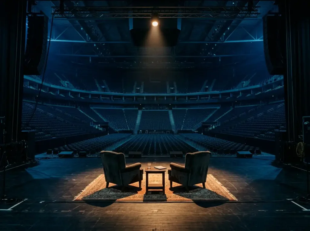 An arena stage set for a live public interview, evoking Olusoga's Obama interview at The O2.