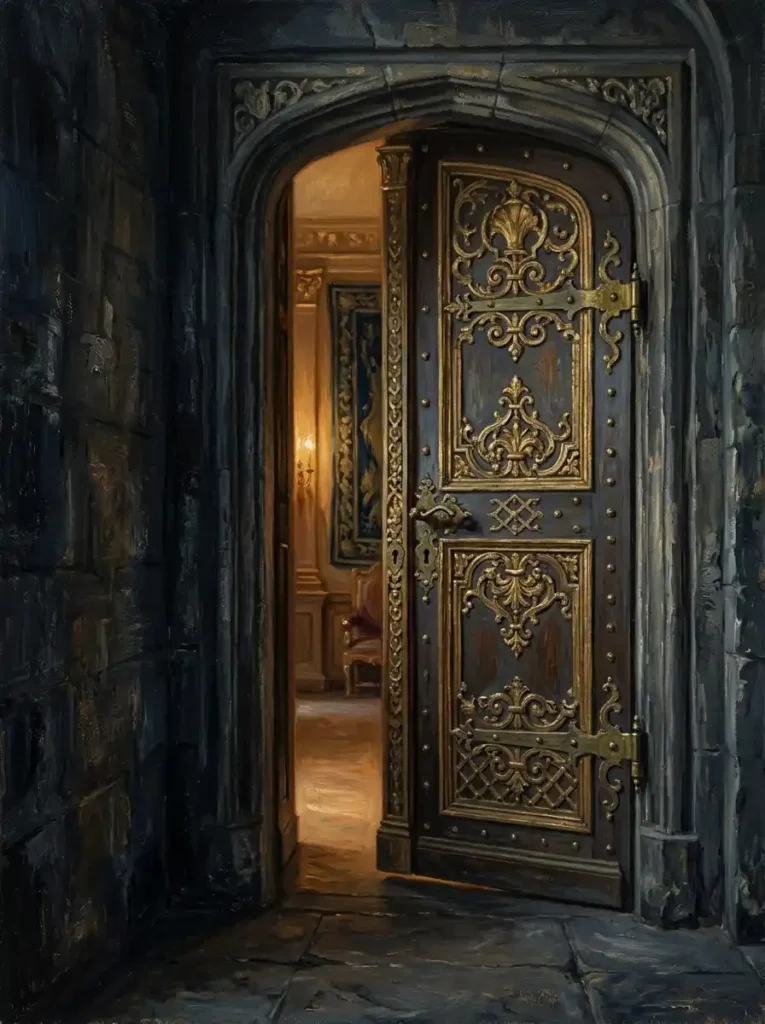 Ornate palace door slightly open, symbolic image