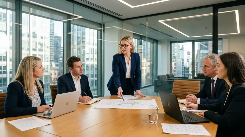 Construction law team discussing strategic development agreements in a Manchester conference room.