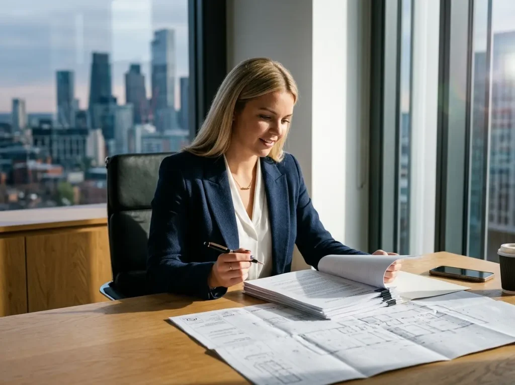 Construction lawyer reviewing development contracts and blueprints in a corporate office.