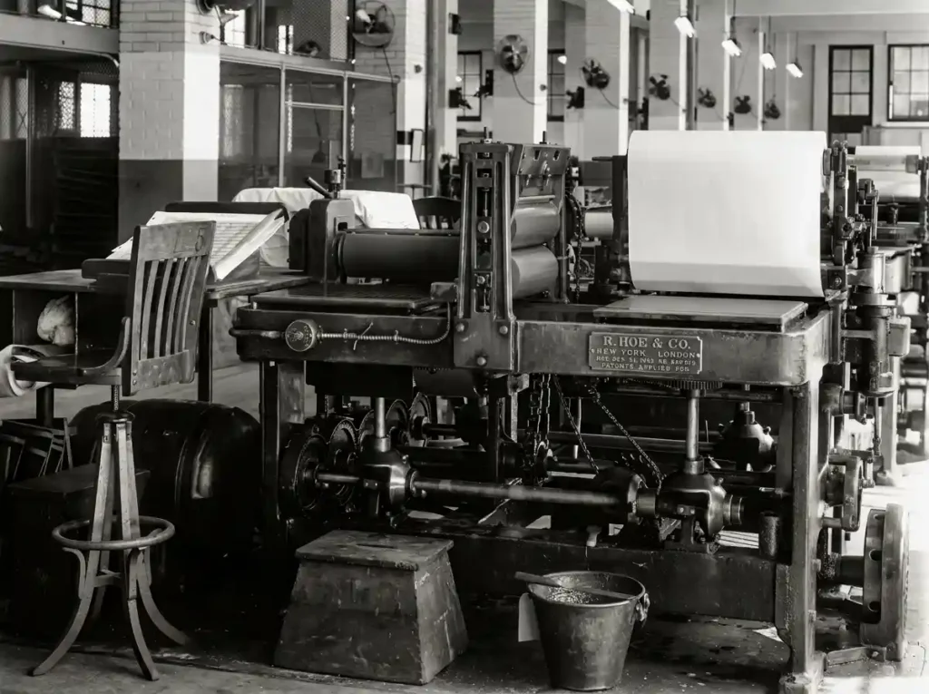 Fleet Street style newspaper printing press production line representing print journalism history.