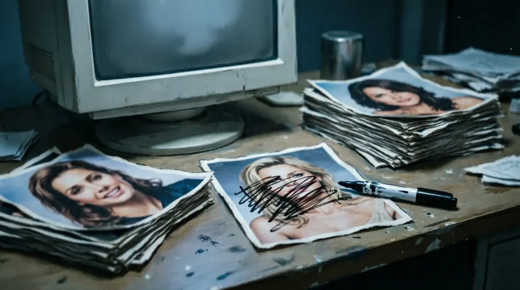 Gossip blog desk with printed celebrity photos and a felt-tip pen, evoking perezhilton.com's scribble era