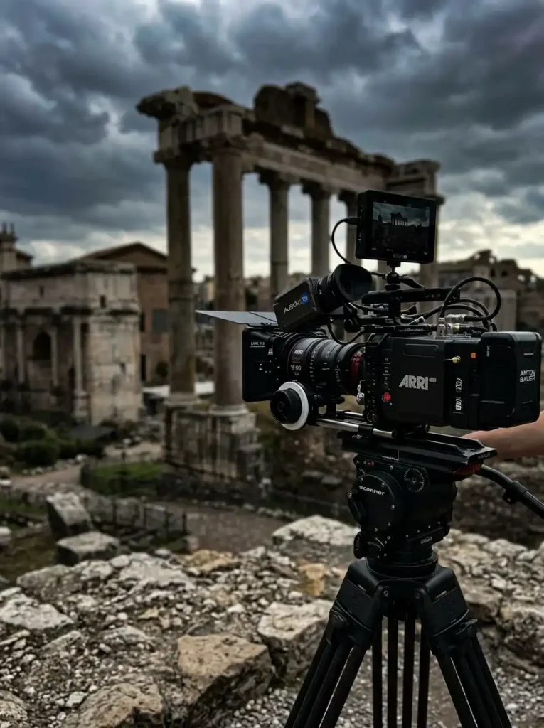 A modern television production camera filming ancient stone ruins.