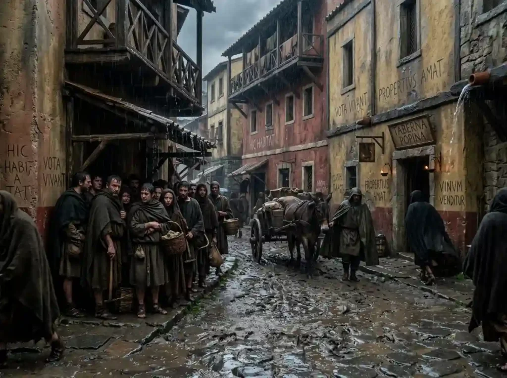 A historically accurate, gritty recreation of an ancient Roman street market.